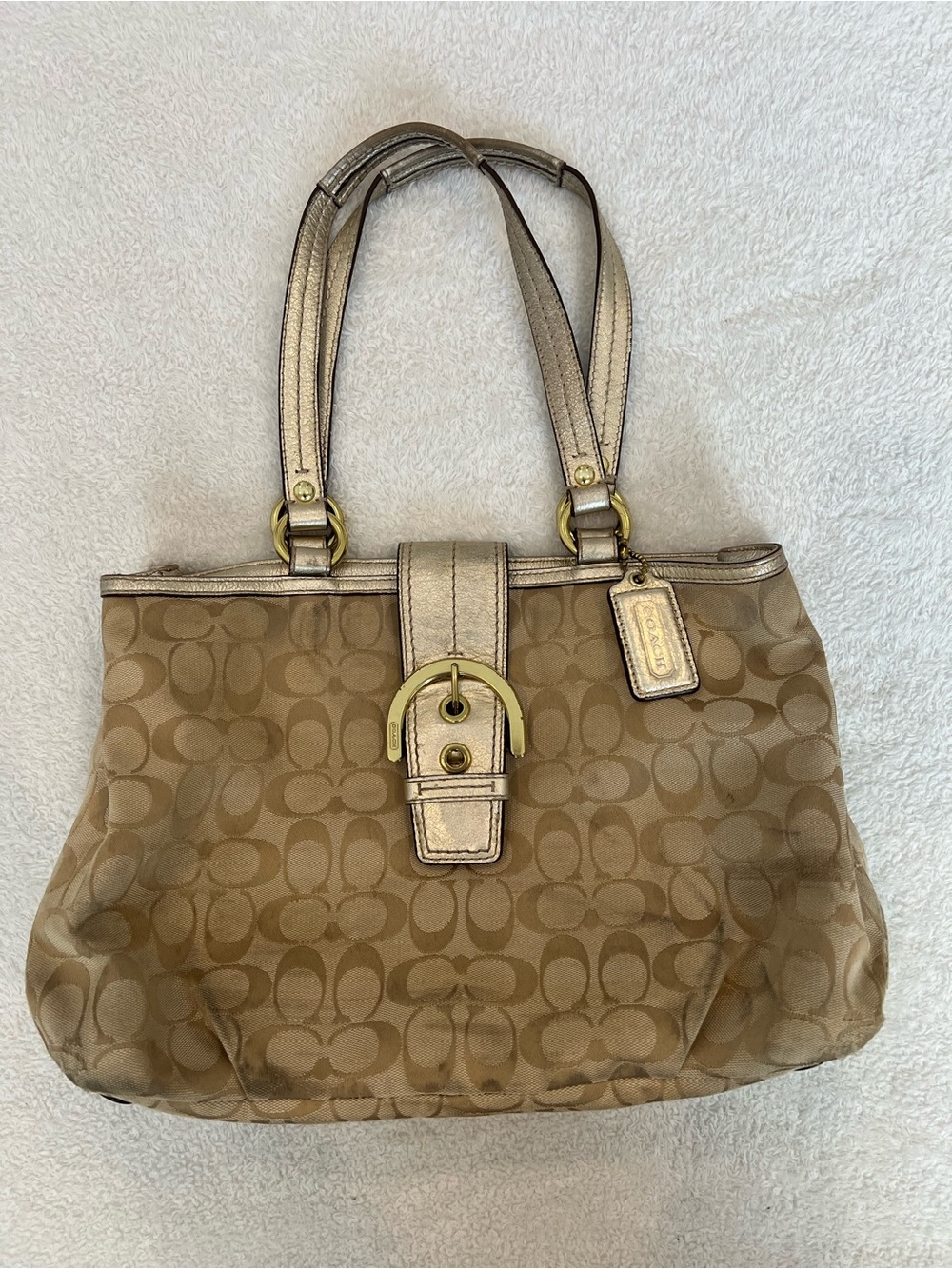 Coach Monogram Shoulder Tote in Tan with Metallic Gold Trim